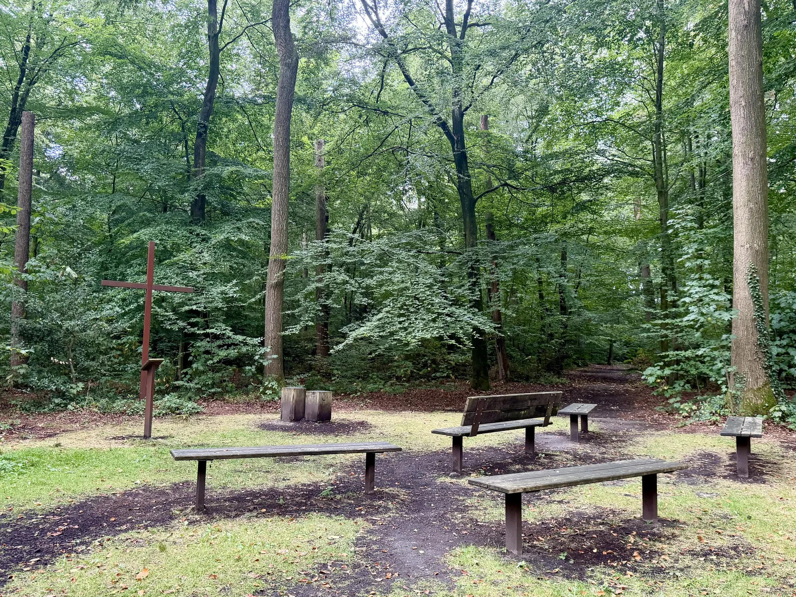 Großer Andachtsplatz mit Holzbänken im Ruheforst Cappenberg